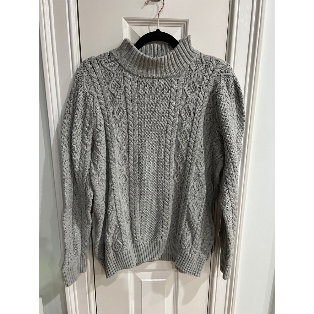 Jeanne Pierre Gray Cotton Cable Knit Mock Neck Puff Sleeve Sweater XL